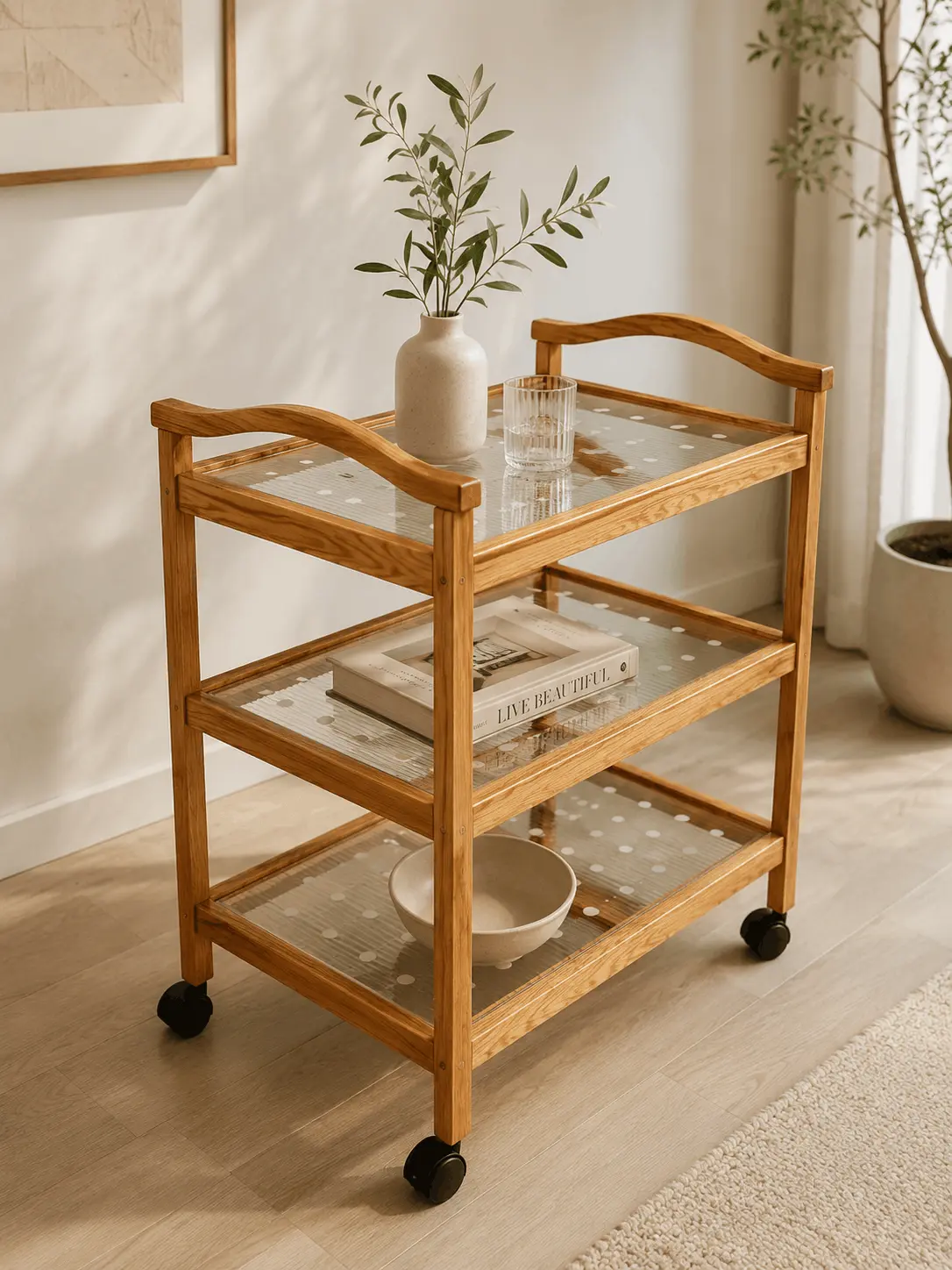 Beech wood Tea Trolley With Glass