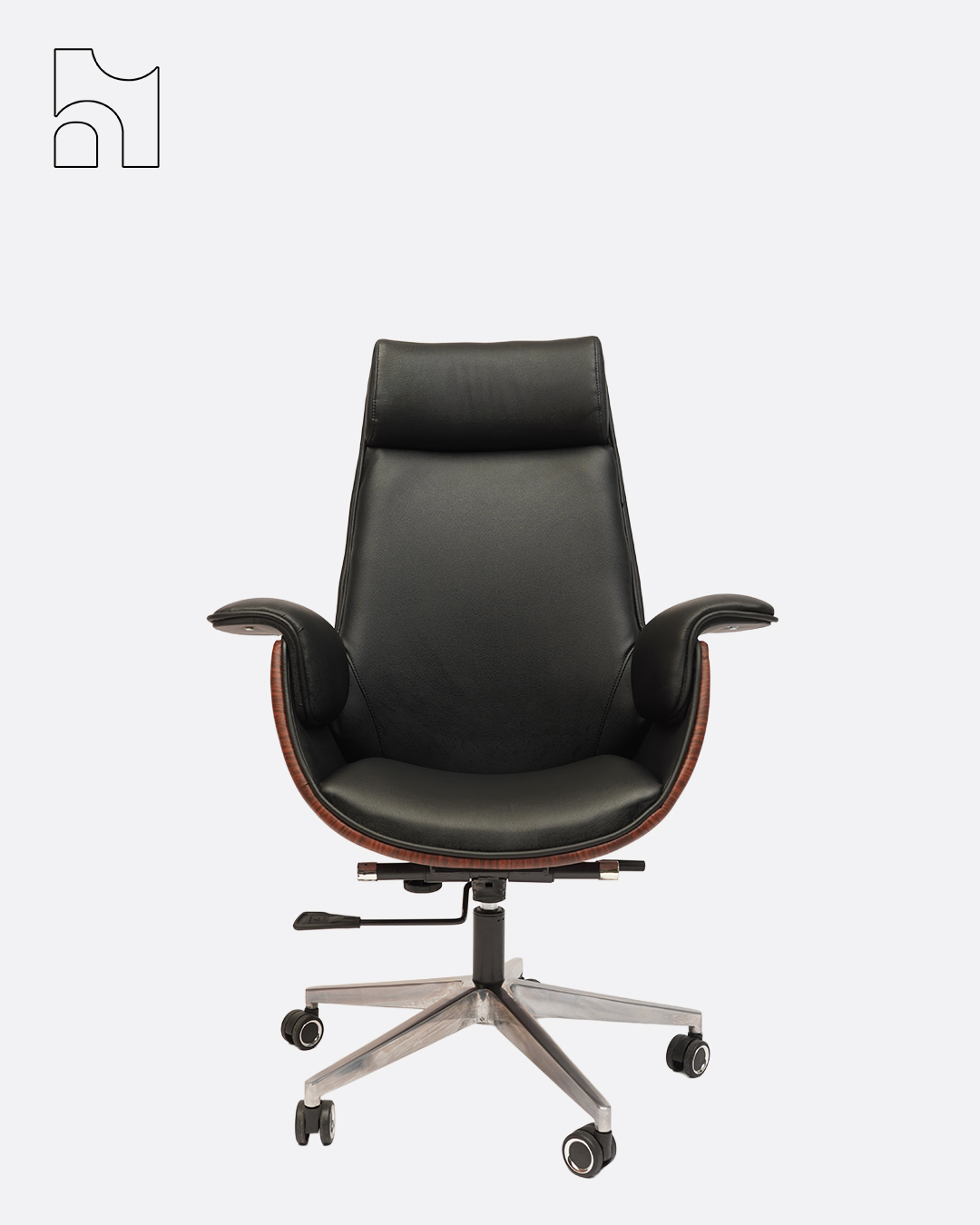RegalLux executive chair with black leatherette, wooden trim, and chrome base