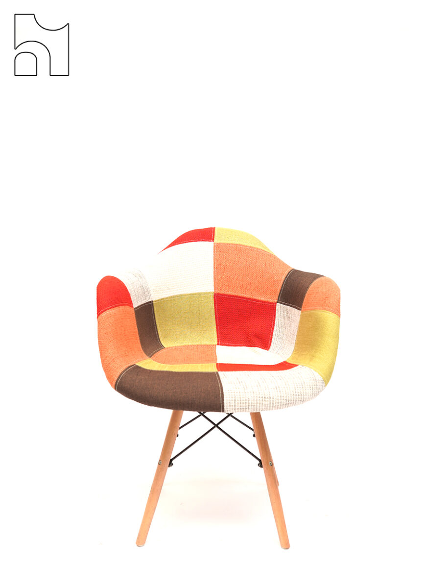 PatchWeave Armchair – Multicolor Patchwork Fabric with Wooden Legs