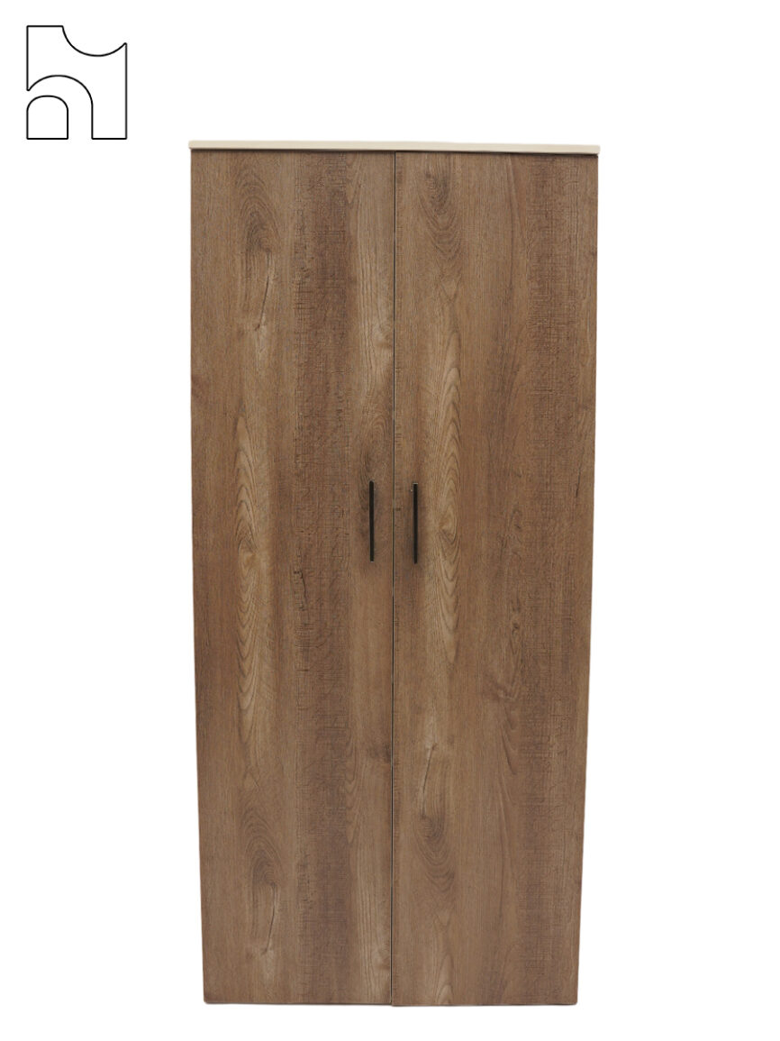 Rustika Wardrobe Cabinet – Natural Wood Storage with Sleek Black Handles