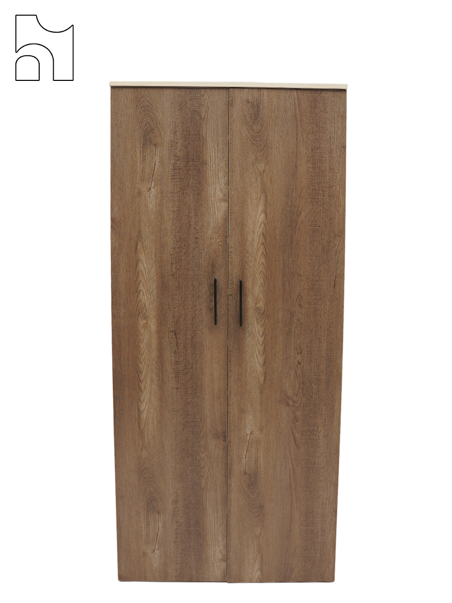 Rustika Wardrobe Cabinet – Natural Wood Storage with Sleek Black Handles