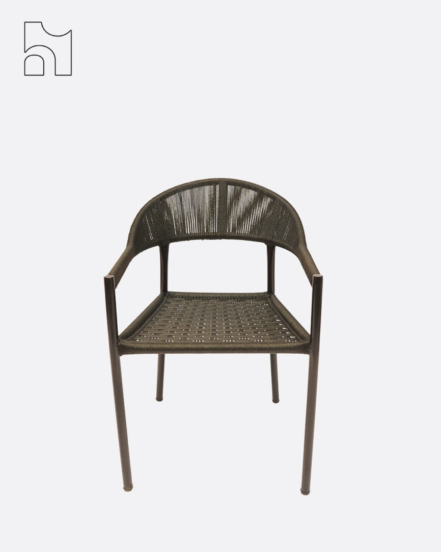Woven cord accent chair with curved back and black metal frame