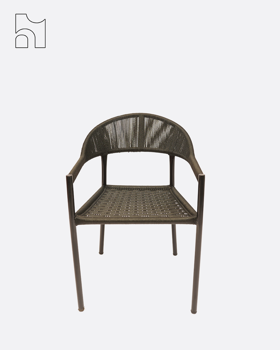 Woven cord accent chair with curved back and black metal frame