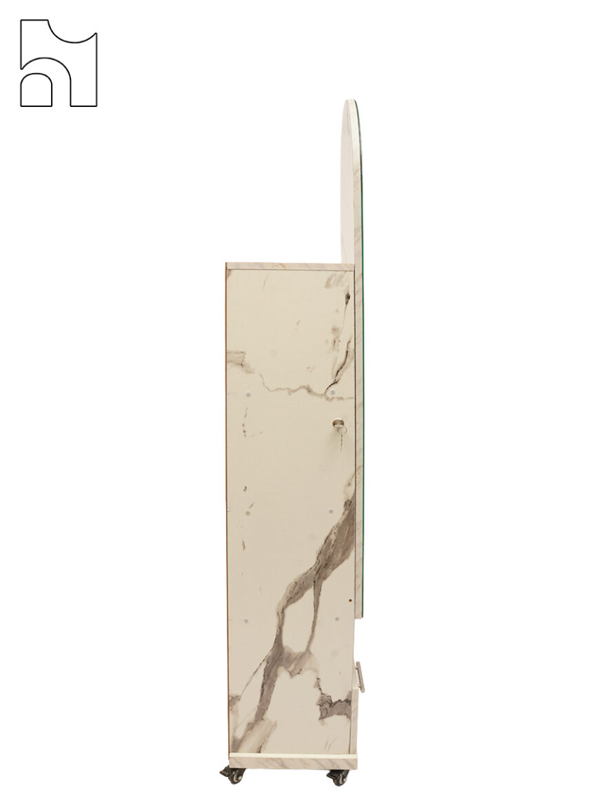 Maximize style and functionality in your entryway or bedroom with the Marble Finish Shoe Cabinet with Mirror. This modern storage unit features a sleek marble-textured finish, paired with a tall, arched full-length mirror — perfect for last-minute checks before heading out. Inside, the cabinet offers multiple spacious shelves to neatly organize your footwear or daily essentials. The built-in drawer at the bottom adds hidden storage, while the top compartments can hold keys, accessories, or electronics. This cabinet is both a statement piece and a practical solution for keeping clutter out of sight. Ideal for homes, salons, and studio apartments, this shoe cabinet with mirror brings together utility and luxury in one striking design.