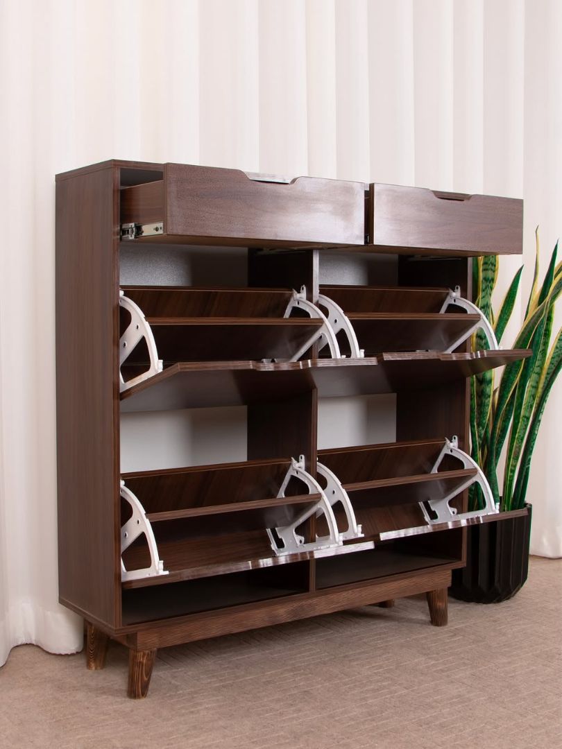 Handle-less Design 4 Compartments Sliding Shoe Rack with 2 Drawers - Image 4
