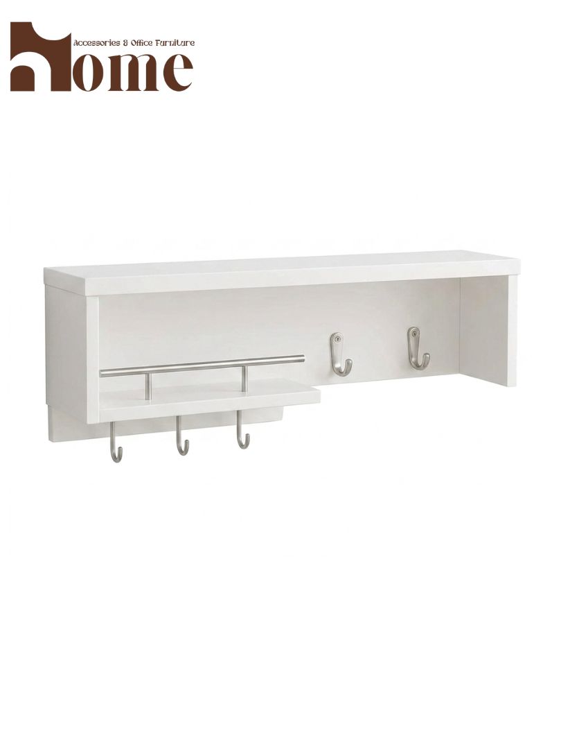 Modern Wall Mounted Wooden Key Hanger Shelf | Multi-purpose Storage Organizer Wall Shelf for Decoration Items | Entryway Wall Shelf with Key Holder Hooks - Image 3