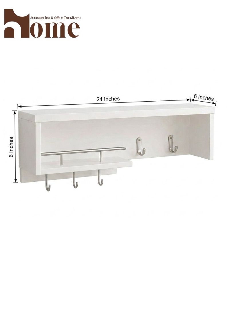 Modern Wall Mounted Wooden Key Hanger Shelf | Multi-purpose Storage Organizer Wall Shelf for Decoration Items | Entryway Wall Shelf with Key Holder Hooks - Image 4
