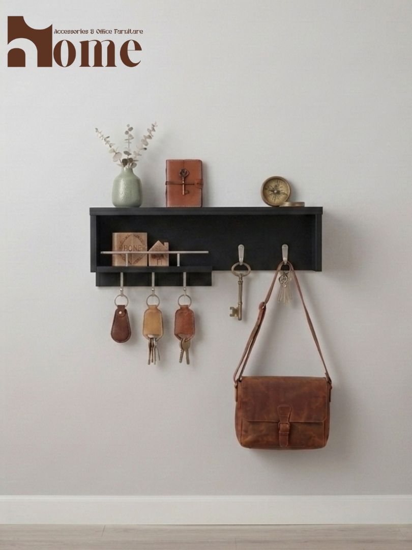 Modern Wall Mounted Wooden Key Hanger Shelf | Multi-purpose Storage Organizer Wall Shelf for Decoration Items | Entryway Wall Shelf with Key Holder Hooks - Image 5