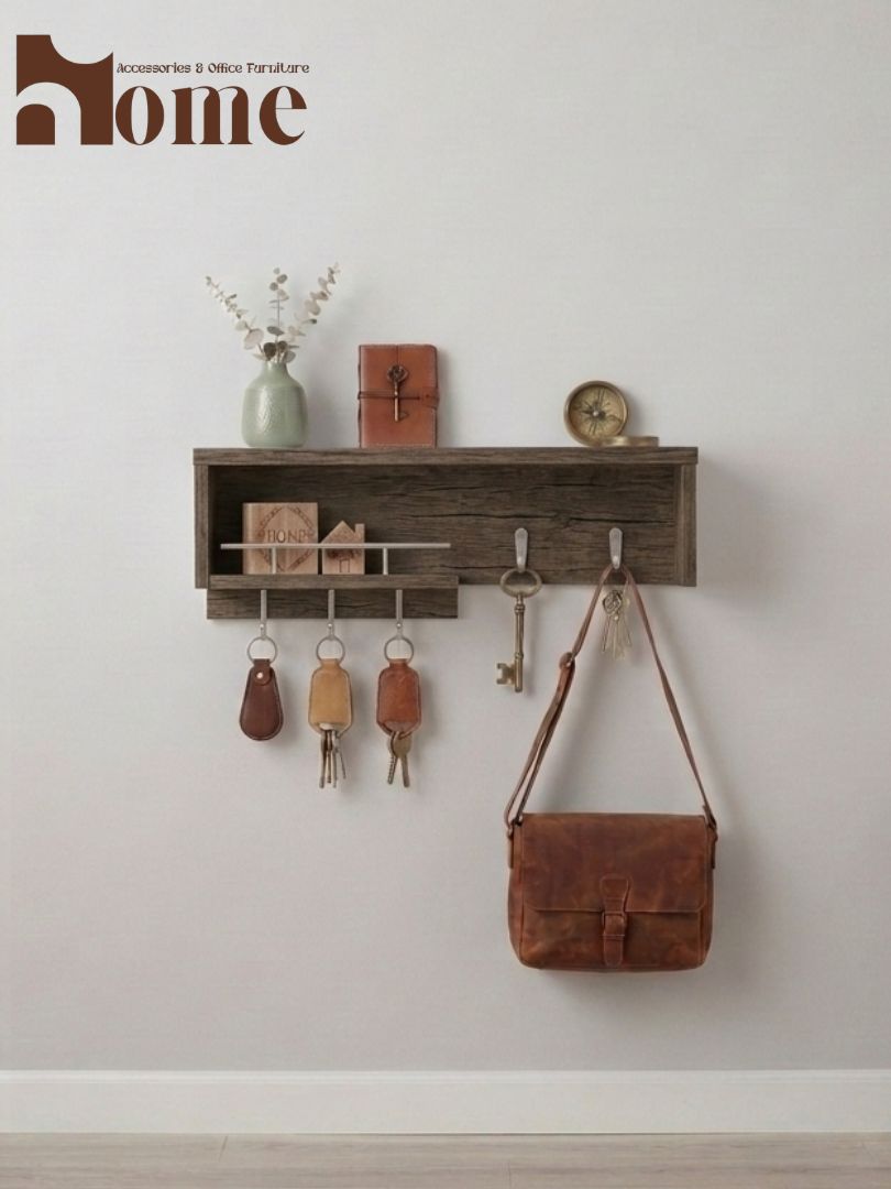 Modern Wall Mounted Wooden Key Hanger Shelf | Multi-purpose Storage Organizer Wall Shelf for Decoration Items | Entryway Wall Shelf with Key Holder Hooks - Image 9