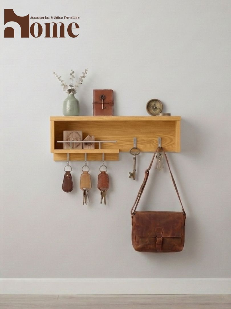 Modern Wall Mounted Wooden Key Hanger Shelf | Multi-purpose Storage Organizer Wall Shelf for Decoration Items | Entryway Wall Shelf with Key Holder Hooks - Image 13