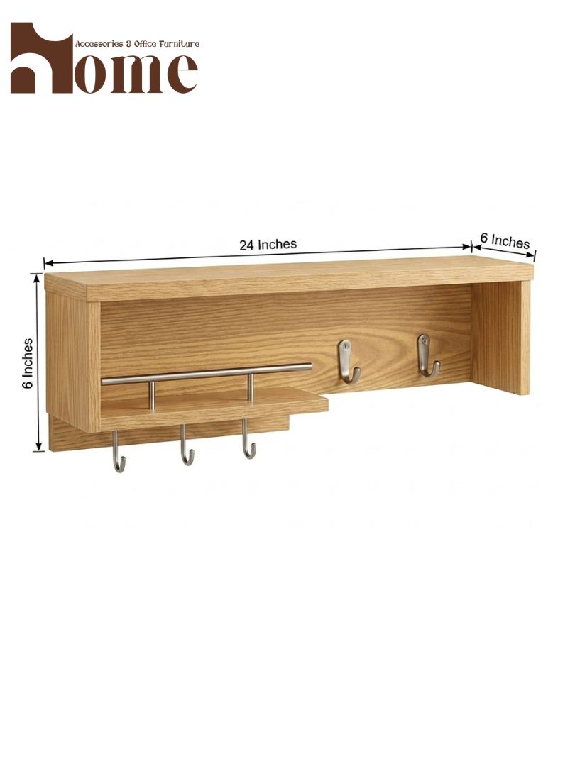 Modern Wall Mounted Wooden Key Hanger Shelf | Multi-purpose Storage Organizer Wall Shelf for Decoration Items | Entryway Wall Shelf with Key Holder Hooks - Image 16